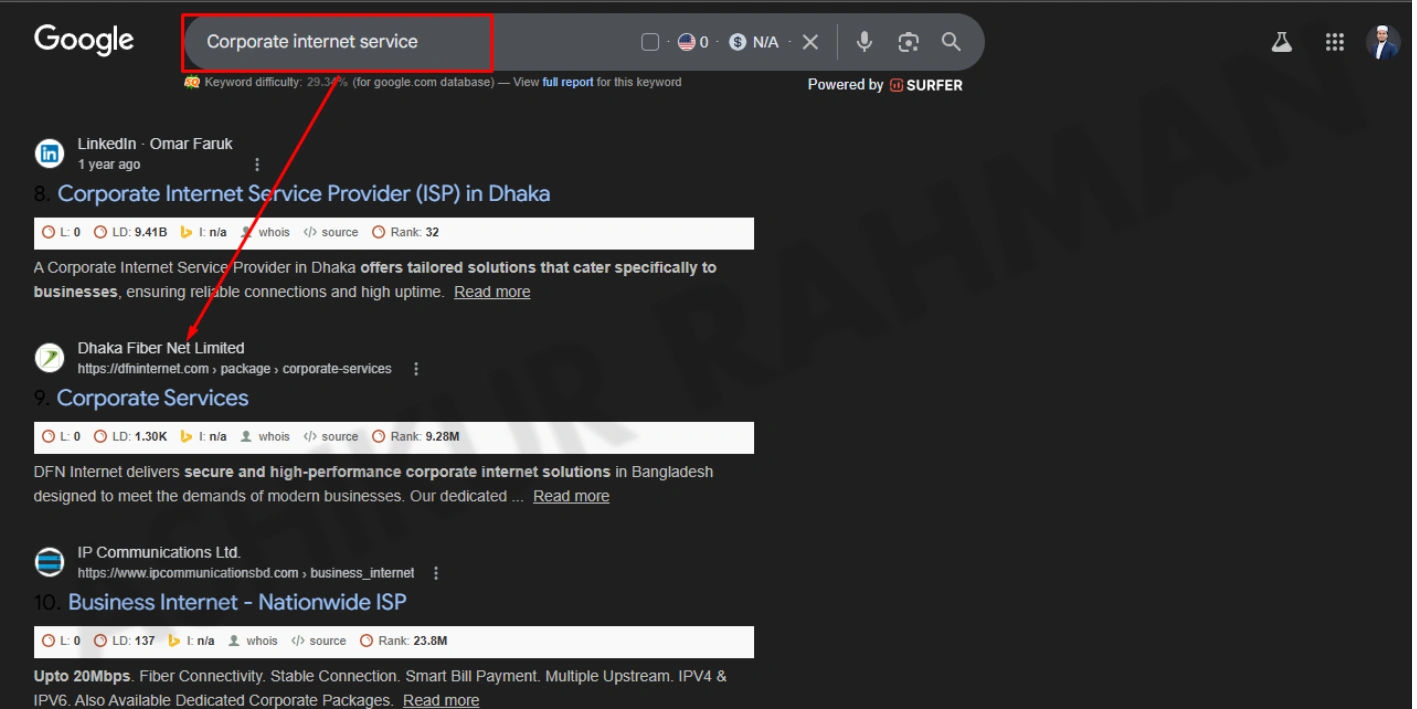Google search results for corporate internet service showing DFN corporate services page ranking