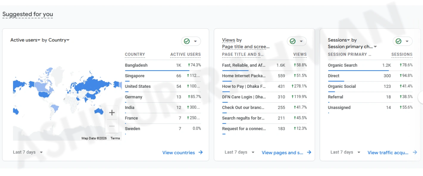 Google Analytics dashboard showing active users by country and website traffic distribution insights