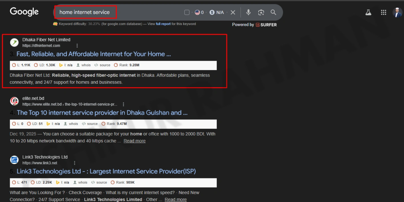 Google search results for home internet service showing DFN website ranking in top results