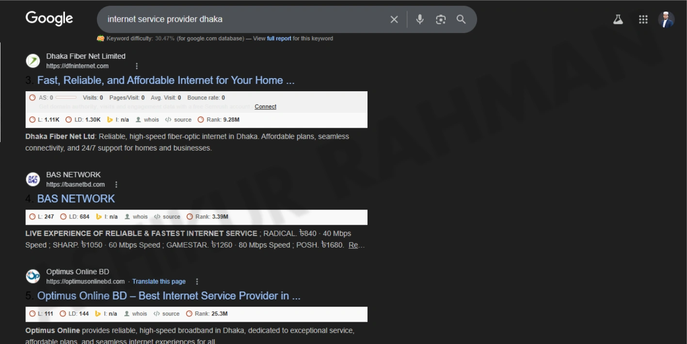 Search results for internet service provider in Dhaka showing multiple ISP rankings including DFN Internet
